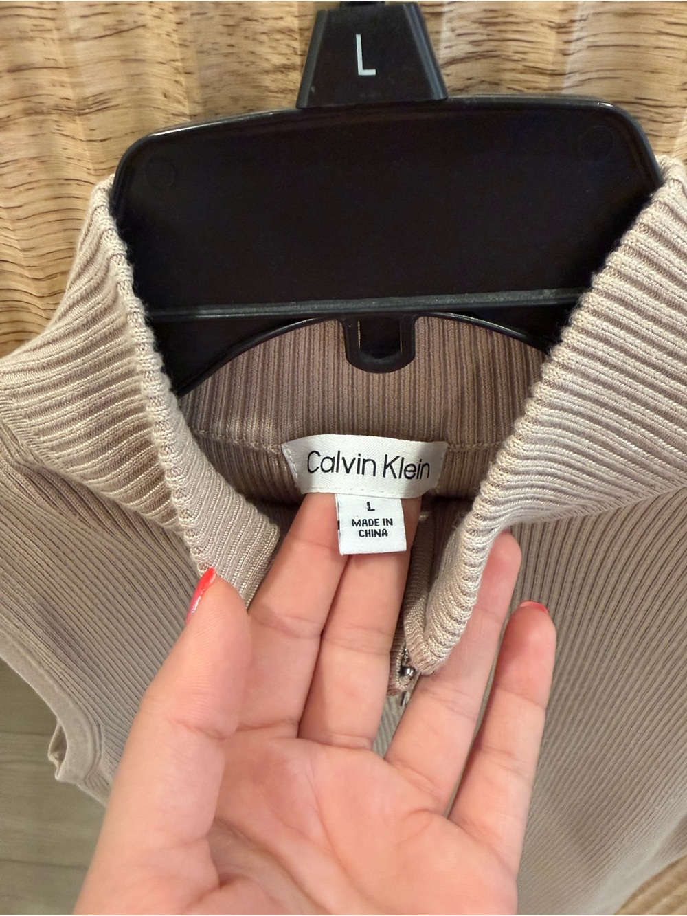 Calvin Klein Beige Ribbed Mock Neck Tank with Zip - Picture 2 of 2